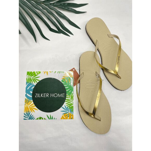 Havaianas Shoes - Havaianas Women's You Metallic Flip Flops - Sand Grey/Light Gold 7/8
